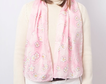 Sakura Hand Painted Pink Silk Scarf Cherry Blossom Print Scarf Mom Gift  52X14