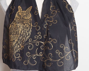 Owl Scarf Great Horned Owl Hand Painted Scarf Silk Cotton Gold Black Bird Scarf Bird Lover Gift Owl Gifts Owl Lover Gift Mom Gift 53X12
