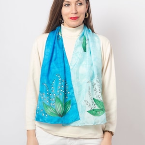 Hand Painted Silk Scarf Lily of The Valley Floral Silk Scarf Lilly Of The Valley Light Blue Silk Scarf Fiance Gift Mother Day May 13X52 image 1