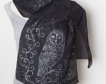 Owl Scarf Silk Cotton Scarf Hand Painted Scarf Silver Black Silk Scarf Owl Print Bird Lover Gift Bird Scarf Gift for Her 58X13