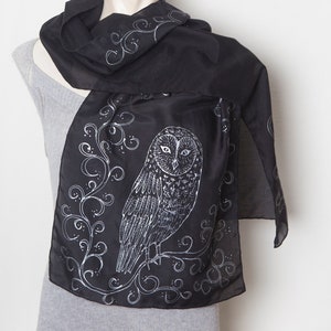Owl Scarf Silk Cotton Scarf Hand Painted Scarf Silver Black Silk Scarf Owl Print Bird Lover Gift Bird Scarf Gift for Her 58X13 image 1