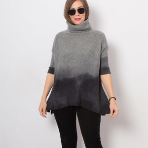 Grey Wool Sweater Short Sleeve Wool Sweater Hand Dyed Ombre Sweater Upcycled Sweater Dark Grey Sweater Turtleneck Wool Jumper Will fit S M image 1