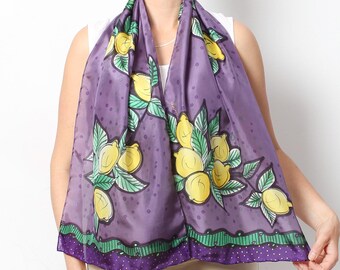 Lenço de seda roxo com estampa de limão, pintado à mão, estilo italiano, para presente, 53x14