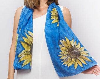 Sunflower Scarf Hand Painted Silk Scarf Blue Yellow Scarf Ukraine Sunflower Scarf Summer Scarf Women Sunflower Gift Pure Silk Scarf  54X14