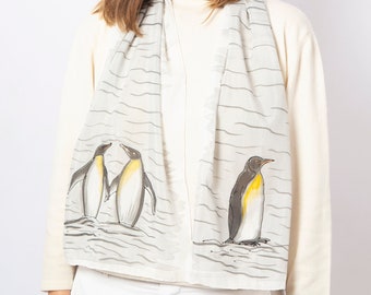 Penguin Hand Painted Scarf Silk Cotton Scarf Antarctica North Pole Penguin Gifts Scarf Fiance Gift Save Penguins Christmas Gift 53X13