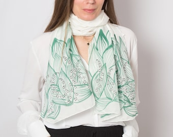 Lily of The Valley Hand Painted White Silk Scarf Mother  Wife Gift 58X19