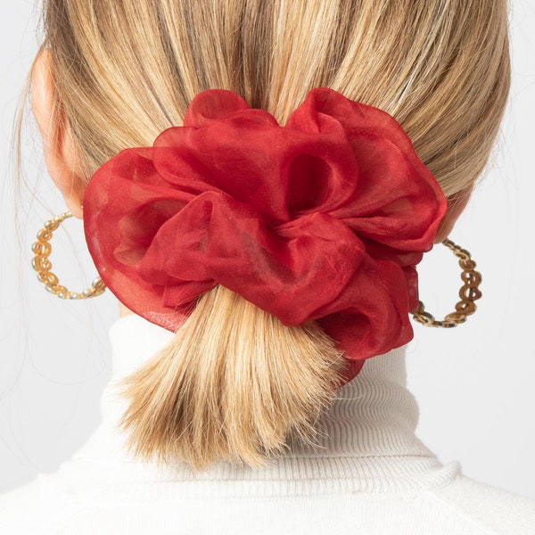 Chouchou en organza de soie rouge, accessoires pour cheveux teints à la main, chouchou d'été, petit cadeau