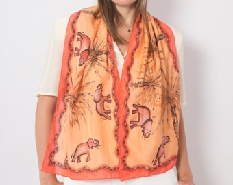 Elephant Print Hand Painted Silk Scarf Elephant Scarf Orange Pure Silk Scarf Palm Tree Print Kenya Safari Animal Print Elephant Gifts  57X14