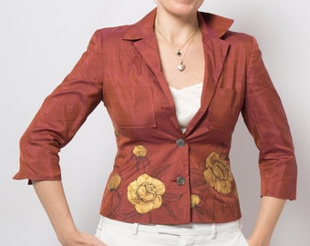 Floral Silk Jacket Hand Painted Jacket Upcycled Blazer Maroon Red Silk Blend Jacket Floral Jacket Peony Print Jacket Spring Blazer Size S