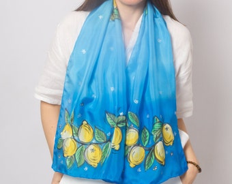 Hand Painted Silk Scarf Lemon Print Pure Silk Scarf Yellow Blue Silk Scarf Lemon Gifts Summer Scarf Hair Scarf Silk Head Scarf Gift 53X14