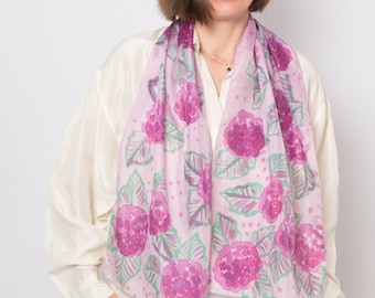 Hand Painted Pink Silk Scarf Hydrangea Print Birthday Gift 51X13
