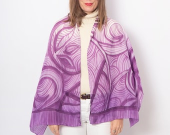 Sciarpa di seta dipinta a mano astratta Sciarpa ricciolo Sciarpa geometrica Sciarpa di seta viola Foulard Soie Scialle di seta Regalo per la sua sciarpa di seta pura 66X23