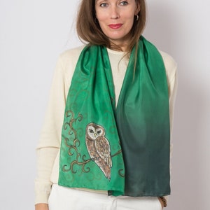 Owl Hand Painted Silk Scarf Owl Print Bird Scarf Green Silk Scarf Winter Scarf Owl Gifts Bird Lover Gift Birthday Gift Xmas Gift 52X14