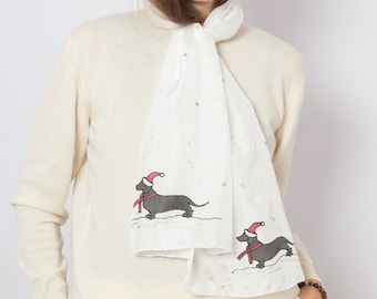 Dachshund Hand Painted Scarf Silk Scarf Christmas Scarf Wiener Dog Black White Dog Scarf Christmas Gift Dachshund Art White Scarf 52X14