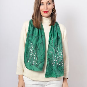 Hand Painted Green Silk Scarf Lily of The Valley  Mother Gift Christmas Gift 13X52