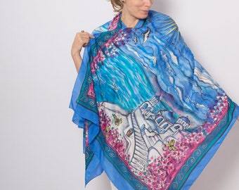 Santorini Hand Painted Silk Scarf Blue Silk Scarf Santorini Print Sarong Beach Cover Up Large Silk Scarf Honeymoon Wedding Gift XXL 36X81