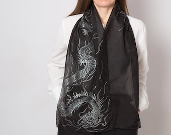 Dragon Hand Painted Scarf Silk Cotton Scarf Black Silk Scarf Dragon Scarf Silk Fall Scarf Gift for Her Minimalist Scarf Christmas Gift 68X17