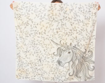 Unicorn Hand Painted Scarf Silk Cotton Square Scarf Unicorn Scarf Horse Foulard Book Scarf Unicorn Lover Animal Print Scarf Bandana 35X35