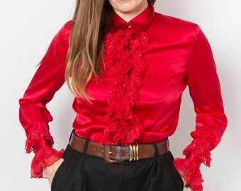 Red Silk Ruffle Blouse Silk Blouse Satin Blouse Long Sleeve Polka Dot Upcycled Blouse Hand Painted Blouse Silk Shirt Will fit S M Sizes