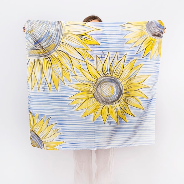 Sunflower Hand Painted Scarf White Cotton Scarf Ukraine Scarf Foulard Sunflower Gift Summer Scarf Women Sunflower Square Head Scarf 35X35