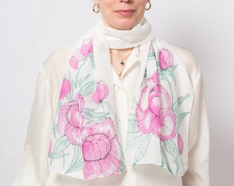 Peony Print Hand Painted Silk Scarf Summer Scarf Peonies Floral Silk Scarf White Cotton Scarf Long Silk Scarf Pure Silk Scarf Gift 57X15