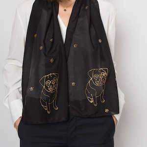 Pug Hand Painted Scarf Black Gold Pug Scarf Dog Scarf Animal Print Scarf Pug Lover Pug Gifts Pug Gift Dog Owner Gift Pug Mom Gift 53X14