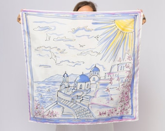 Santorini Hand Painted Silk Scarf Santorini Print Silk Neck Scarf White Silk Scarf Summer Scarf Travel Scarf Floral Silk Scarf Gift 29x29