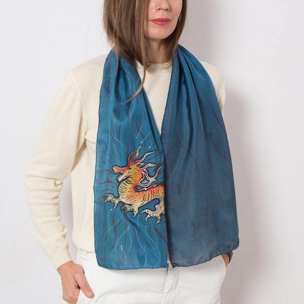 Dragon Year Pure Silk Scarf Hand Painted Silk Scarf Dragon Blue Scarf Silk Scarf Women Dragon Print Spring Scarf Dragon Gifts52X14
