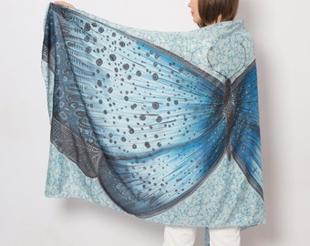Butterfly Wings Hand Painted Silk Scarf Wings Scarf Grey Silk Scarf Long Silk Scarf Sarong Silk Head Scarf Christmas Gift for Her  81X36