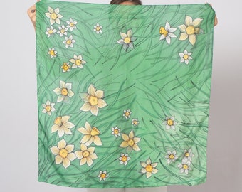 Daffodil Hand Painted Silk Scarf Green Silk Bandana Floral Silk Scarf Spring Silk Head Scarf Square Silk Scarf Foulard Gift for Her 28X28