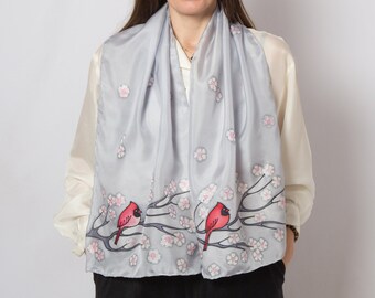 Hand Painted Silk Scarf Cardinal Bird Sakura Cherry Blossom Grey Silk Scarf Sakura Print Spring Floral Silk Scarf Mother Day Gift 53X14