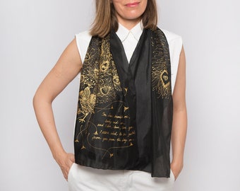 Pride and Prejudice Book Scarf Hand Painted Silk Scarf Pride Prejudice Gift  Black Gold Scarf Literary Scarf Book Lover Birthday Gift 53X14