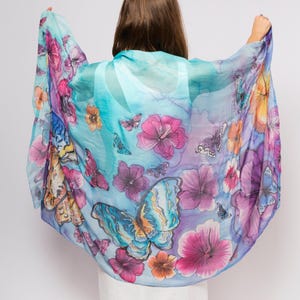 Hand Painted Silk Scarf Hibiscus Butterfly Scarf Vacation Resort Wear Honeymoon Travel Scarf Haiti Hawaii Summer Scarf Pareo Mom Gift 74X35