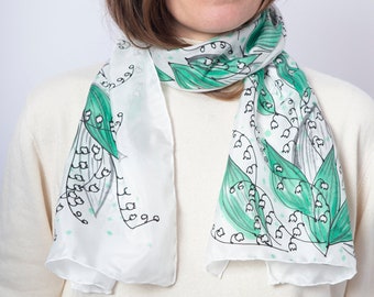Lily Of The Valley Hand Painted Silk Scarf Floral Print Pure Silk Scarf Silk Gift for  Mom Green White Scarf Mother Gift Spring Scarf 13X52