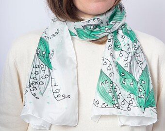 Lily Of The Valley Hand Painted White Silk Scarf Birthday Gift 13X52