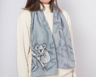 Koala Print Hand Painted Silk Scarf Koala Bear Australia Koala Gifts Grey Silk Scarf Koala Lover Gift Pure Silk Scarf Save Koalas 53X14