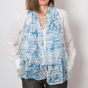 Santorini Hand Painted Silk Scarf Santorini Print Greece Blue White Silk Chiffon Scarf Long Scarf Wedding Gift Anniversary Gift 58X17