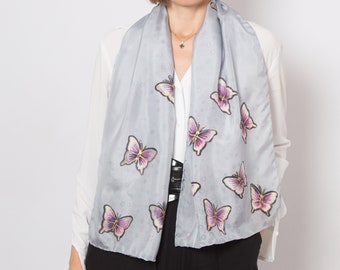 Butterfly Scarf Hand Painted Silk Scarf Grey Pure Silk Scarf Butterfly Print Scarf Spring Scarf Gift for Mother, Grandma, Fiance 52X14