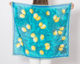 Lemon Print Hand Painted Silk Scarf Silk Square Scarf Foulard Yellow Blue Silk Scarf Large Scarf Gift for Her Fruit Print Summer Scarf 35X35