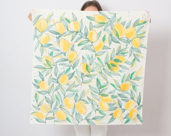 Positano Hand Painted White Silk Lemon Square Scarf Summer Head Scarf Italy Gift 33X33