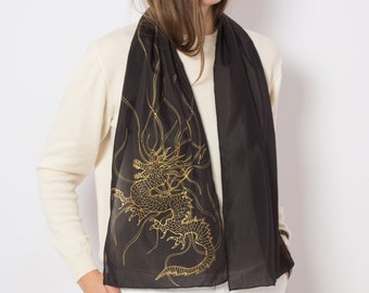 Dragon Scarf Hand Painted Scarf Silk Cotton Scarf Black Gold Scarf Dragon Print Black Silk Scarf Dragon Gift Summer Scarf Women 53X11