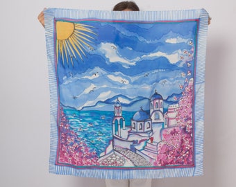 Santorini Hand Painted Silk Scarf Square Silk Scarf Santorini Scarf Blue Silk Scarf Travel Scarf Foulard Greece Anniversary Gift 35X35