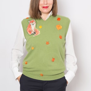 Fox Hand Embroidered Vest Green Wool Vest Hand Painted Vest Upcycled Vest Fall Pure Wool Vest Women Wool Vest Will Fit M L Sizes Gift