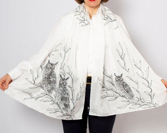 Large Hand Painted Silk Scarf Horned Owl Scarf Owl Gifts Bird Scarf White Silk Scarf Pure Silk Scarf Winter Christmas Gift for Her 69X21