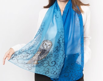 Owl Scarf Hand Painted Silk Scarf Owl Print Scarf Bird Print Scarf Blue Scarf Silk Scarf Women Pure Silk Chiffon Scarf Winter Scarf  57X16