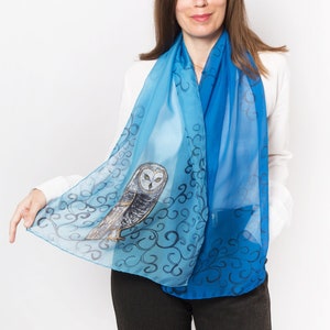 Owl Scarf Hand Painted Silk Scarf Owl Print Scarf Bird Print Scarf Blue Pure Silk Chiffon Scarf Winter Scarf Owl Gift Christmas Gift 57X16