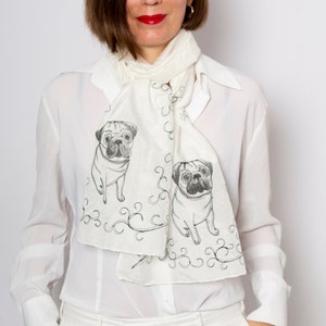 Pug Scarf Hand Painted Silk Scarf Pug Scarf Pug Print White Silk Cotton Scarf Pug Mom Dog Lover Scarf Long Silk Scarf Pug Mom Gift 71X13