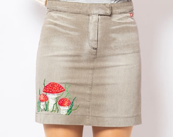 Hand Embroidered Skirt Denim Mini Skirt Striped Skirt Upcycled Jeans Skirt Amanita Muscaria Mushroom Skirt Fall Skirt Size M