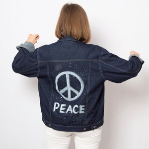 Peace Hand Painted Denim Jacket Dark Denim Jacket Ukraine No War Unisex Peace Symbol Galaxy Print Dark Jean Jacket Will fit M L XL Sizes image 2