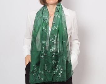 Lily of The Valley Hand Painted Silk Scarf Green Silk Shawl Long Silk Scarf Floral Silk Scarf Gift for Her May Birth Flowers  61X17